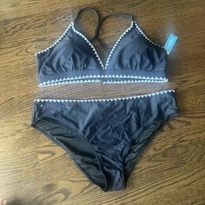 YONIQUE Two Piece Bikini Swimsuit Whipstitched Triangle Trim Black XxL Women's